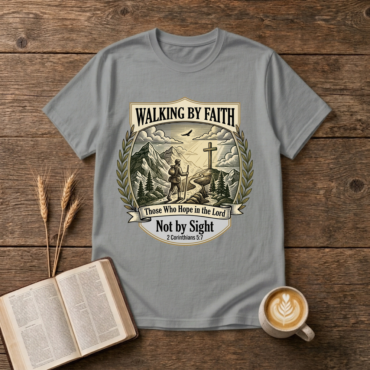 Walking by Faith grayscale scene with mountains, lone walker and cross on a hill on a Sport Grey unisex T-Shirt