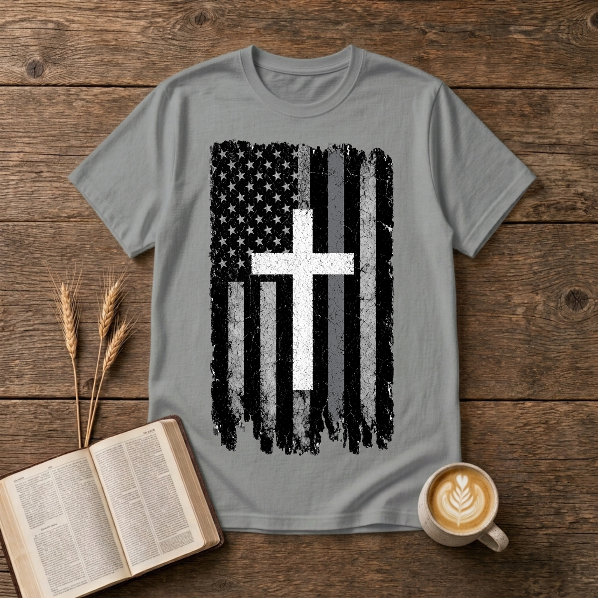 Faded American flag and distressed cross with a silver line on a Sport Grey unisex T-Shirt
