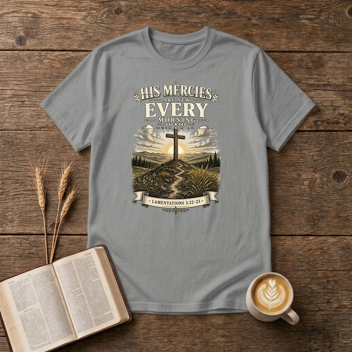 Muted sunrise behind a cross with His mercies are new every morning on a Sport Grey unisex T-Shirt