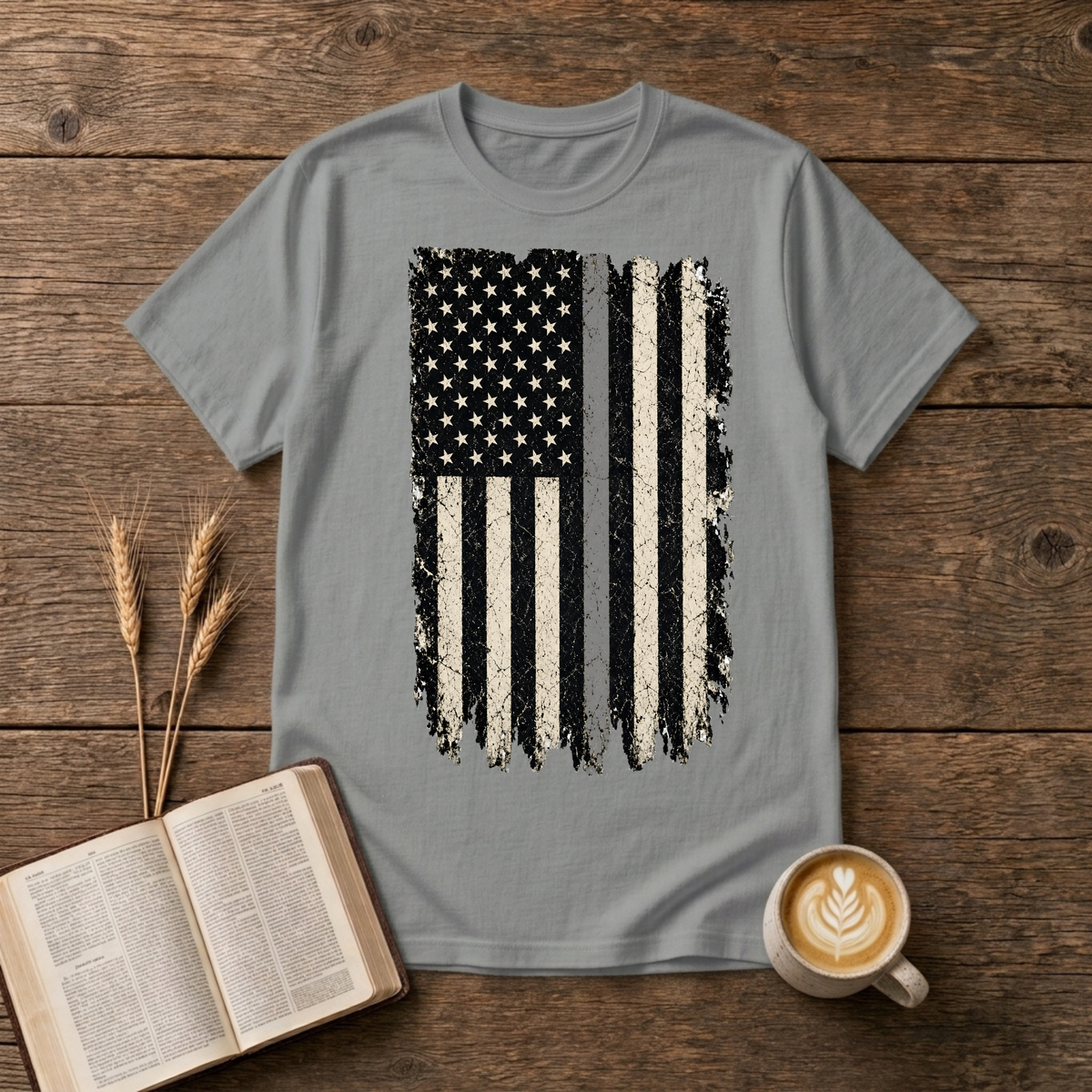 Distressed monochrome American flag with a thin gray line on a Sport Grey unisex T-Shirt