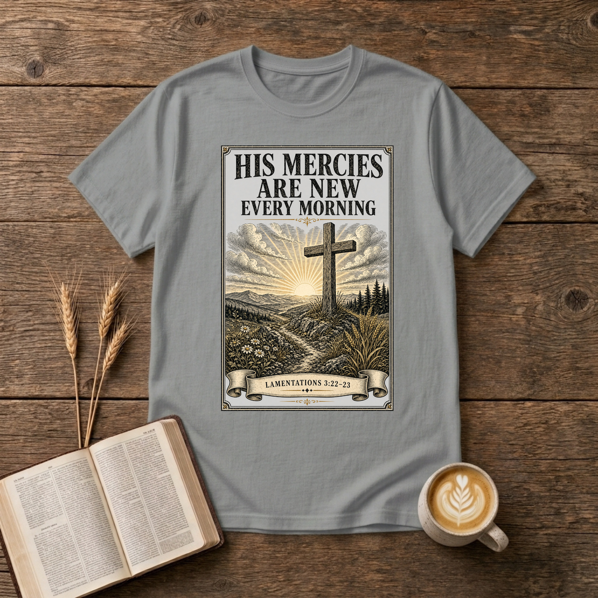 Simple cross with a sunrise halo and the words His mercies are new every morning on a Sport Grey unisex T-Shirt