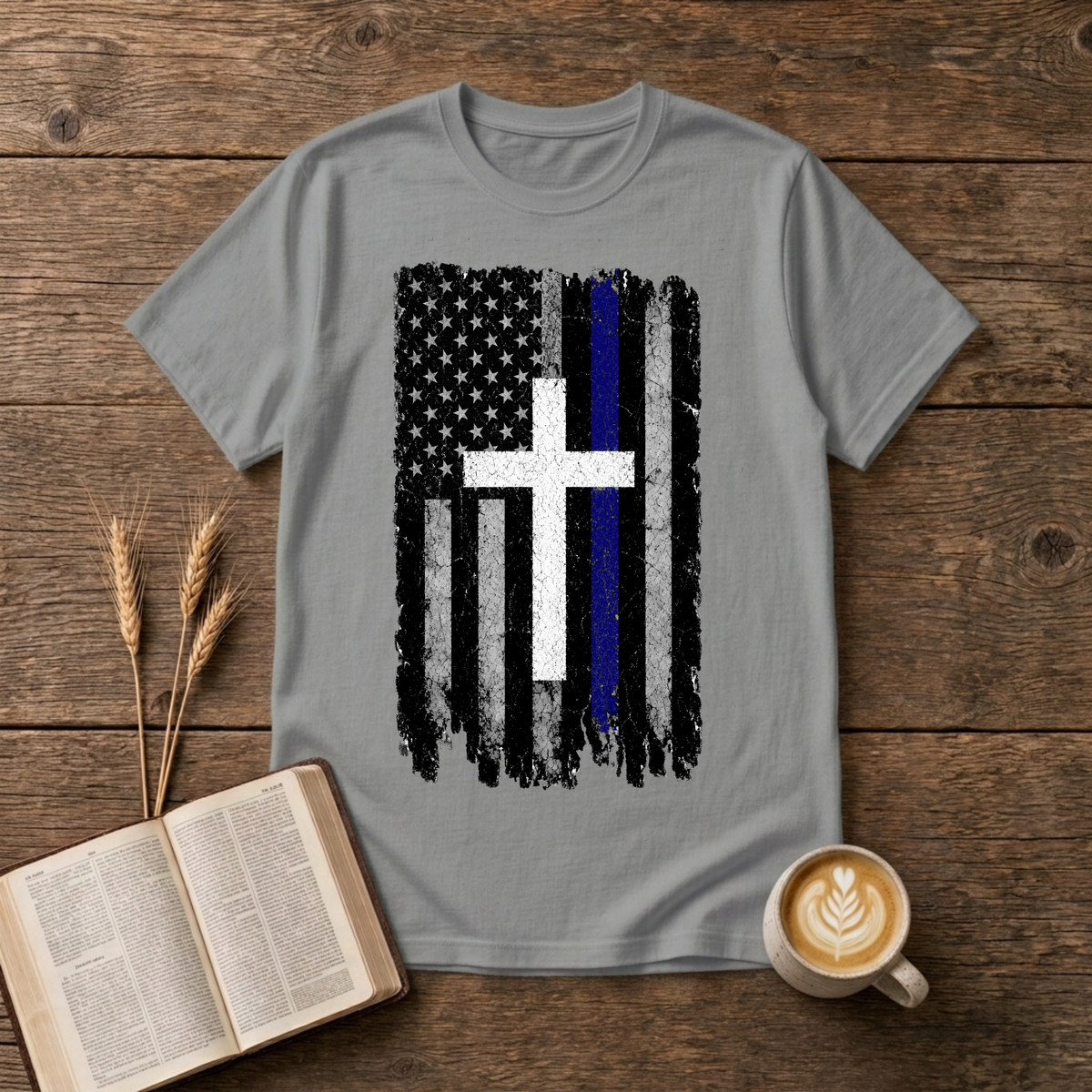 Faded black and white American flag with a thin blue line and cross on a Sport Grey unisex T-Shirt