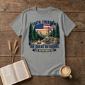 Cross on rock with bald eagle over the flag, mountain sunrise, pines and campfire on a Sport Grey unisex T-Shirt