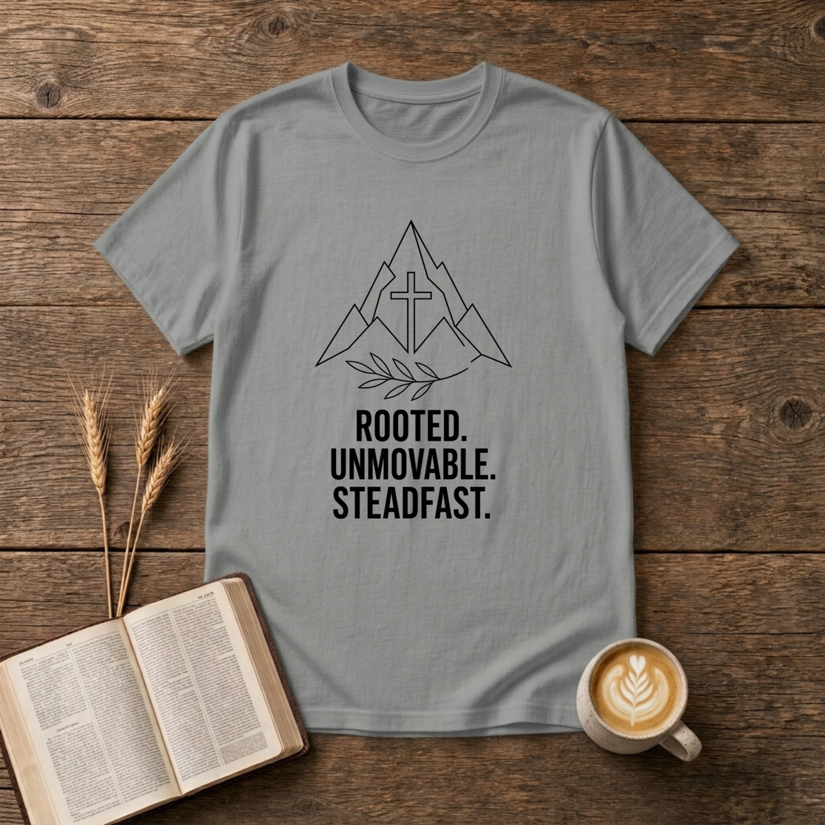 Minimalist mountain outline with centered cross and laurel sprig, Rooted Unmovable Steadfast on a Sport Grey unisex T-Shirt