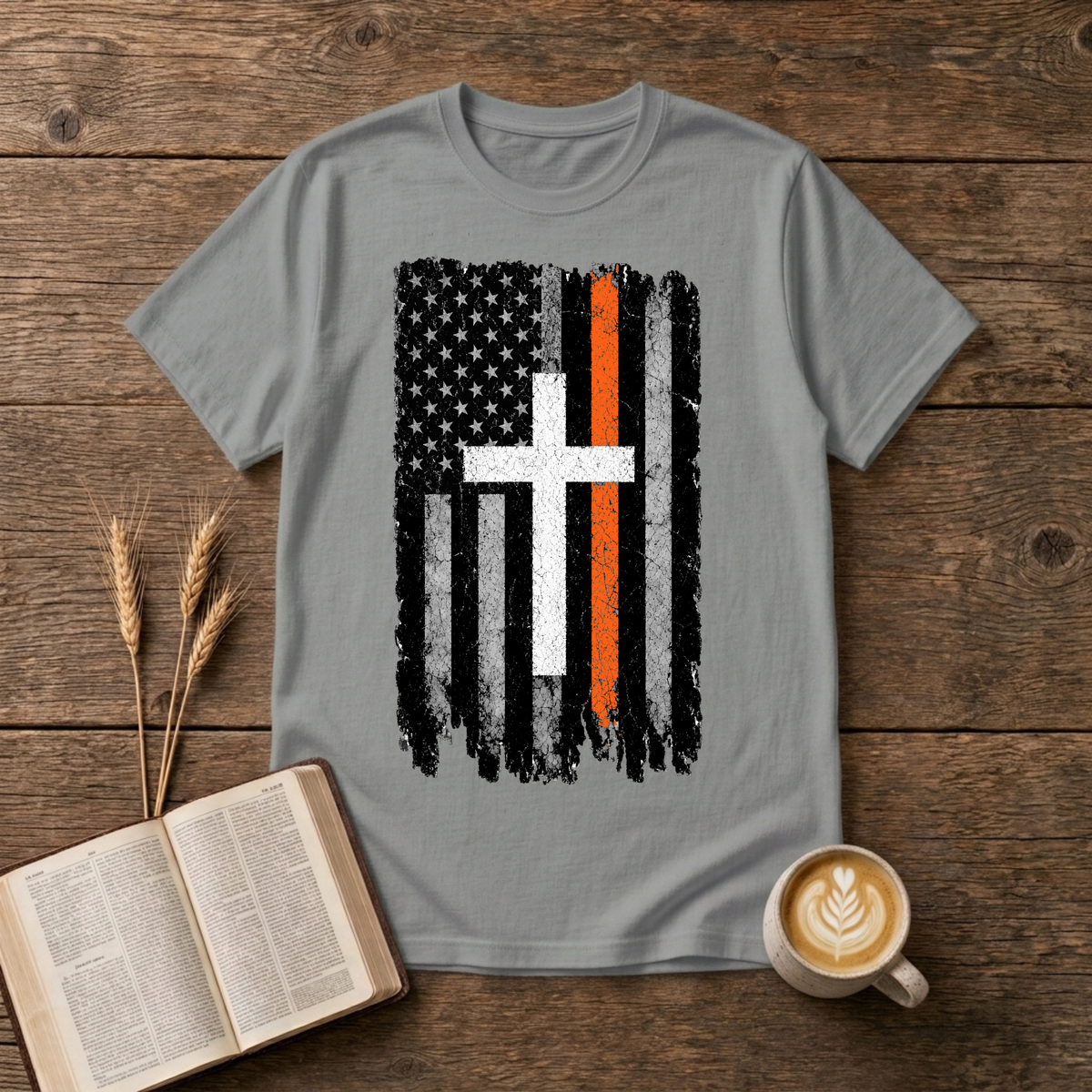 Distressed monochrome flag with a thin orange line and cross silhouette on a Sport Grey unisex T-Shirt