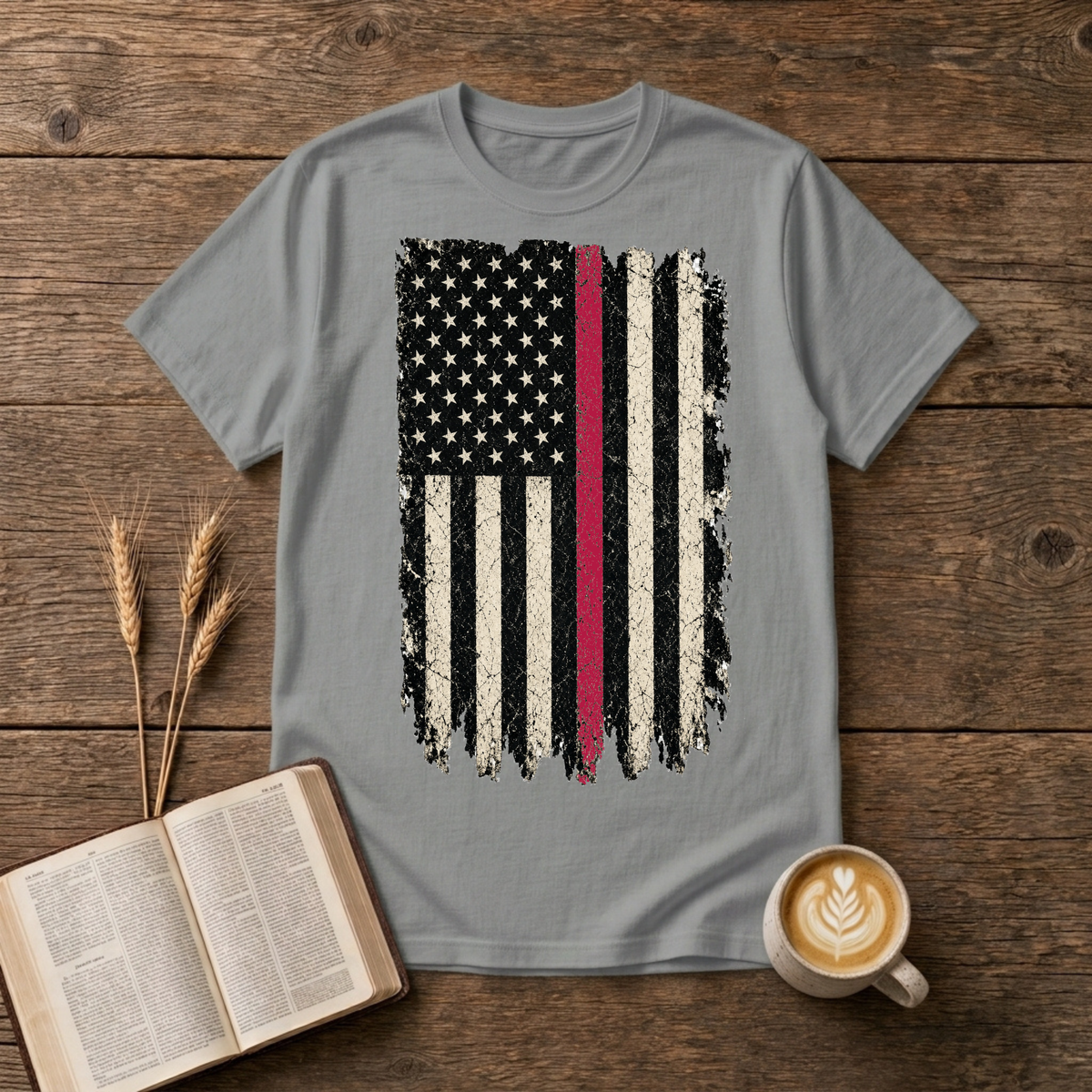 Weathered American flag with a thin red line on a Sport Grey unisex T-Shirt