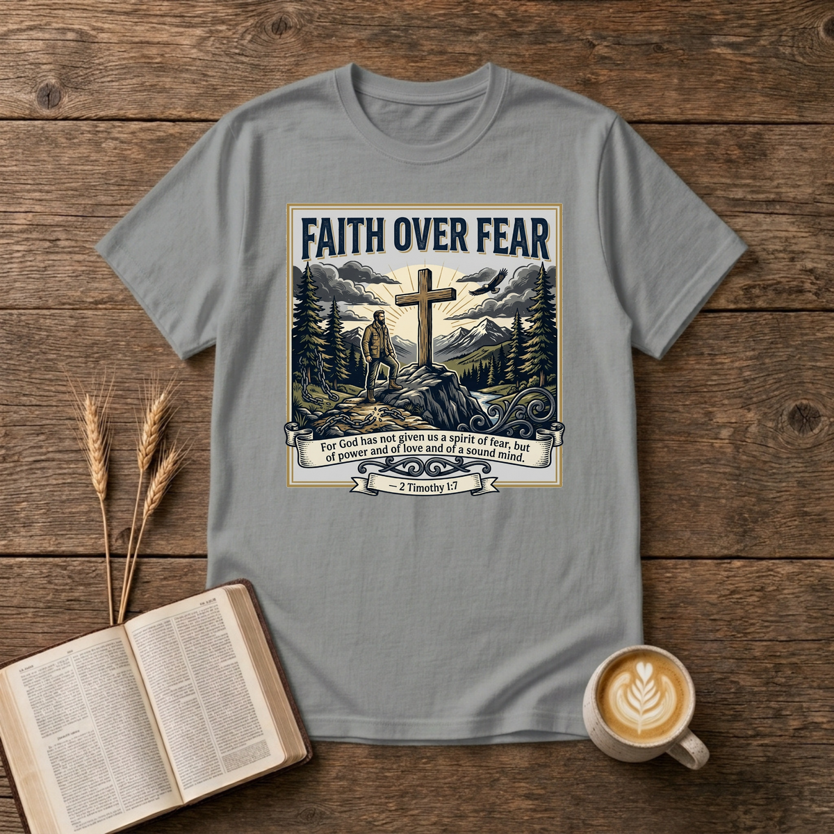 Faith Over Fear sketch of a cross on a rocky ridge with a hiker, pines and mountains on a Sport Grey unisex T-Shirt