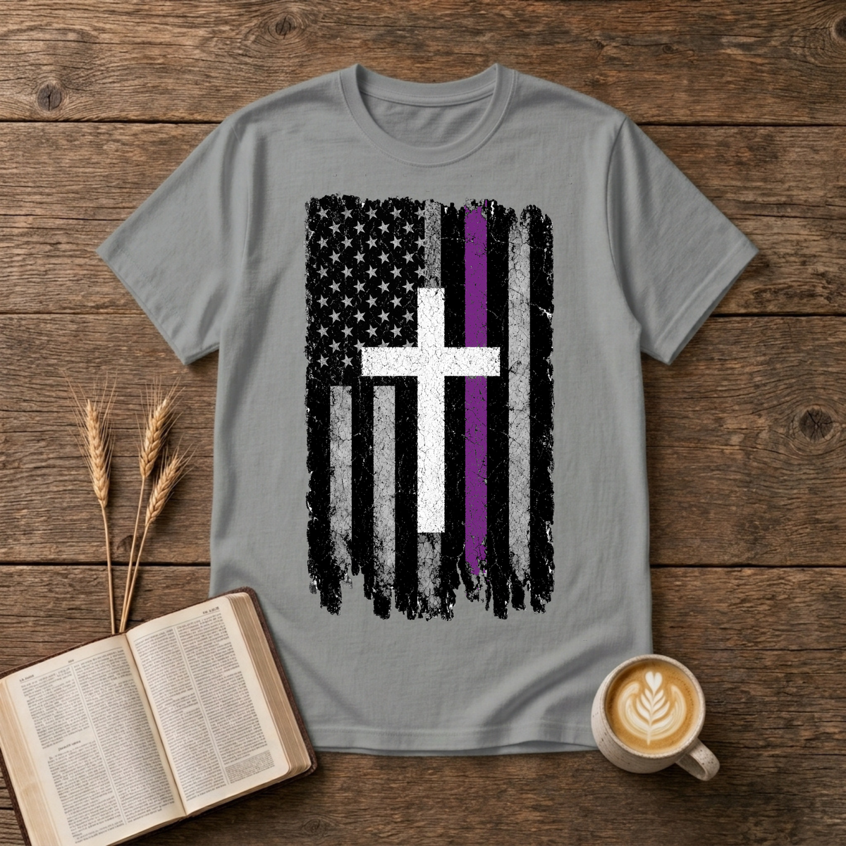 Distressed American flag with a lavender stripe and white cross on a Sport Grey unisex T-Shirt