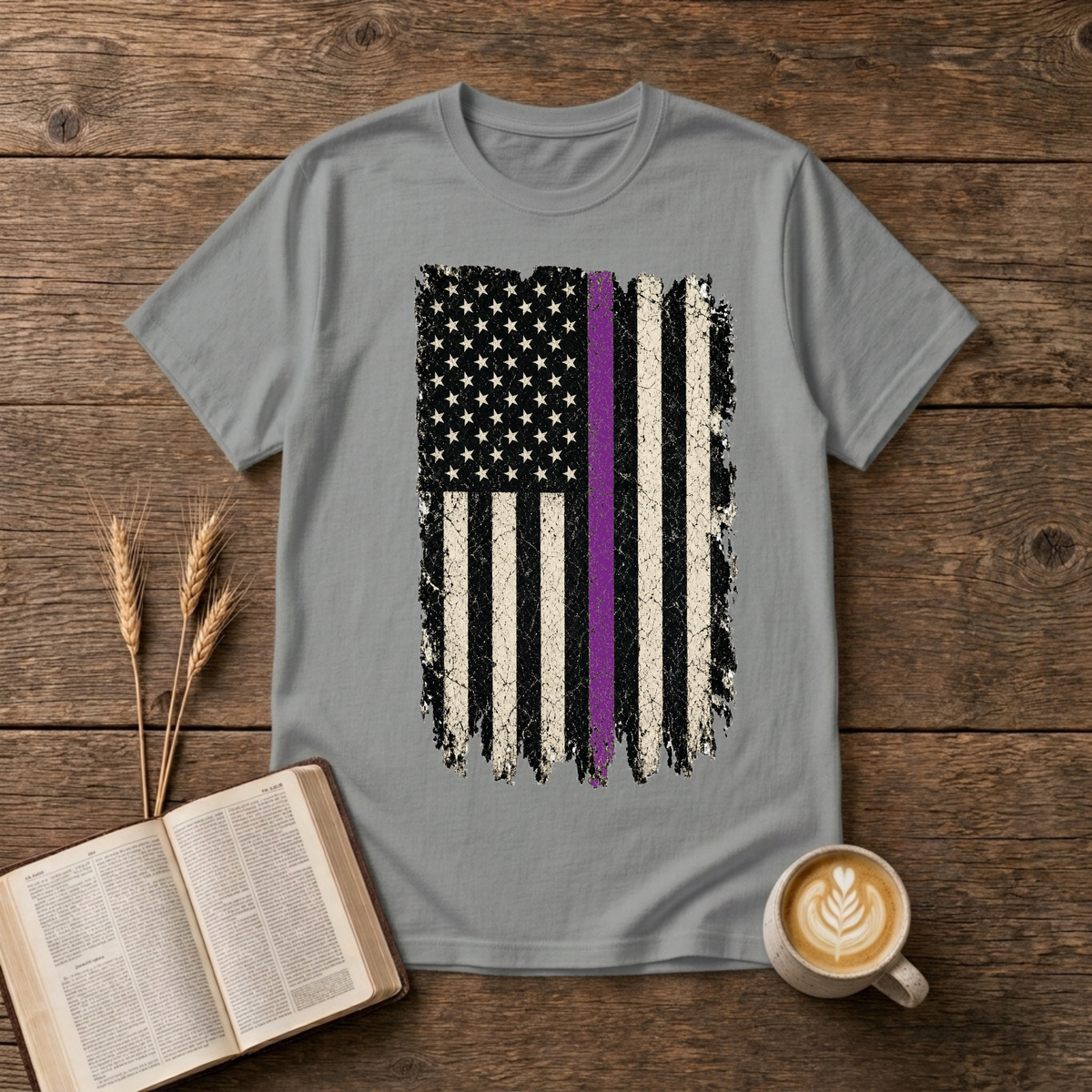 Distressed black and white American flag with a thin purple line on a Sport Grey unisex T-Shirt