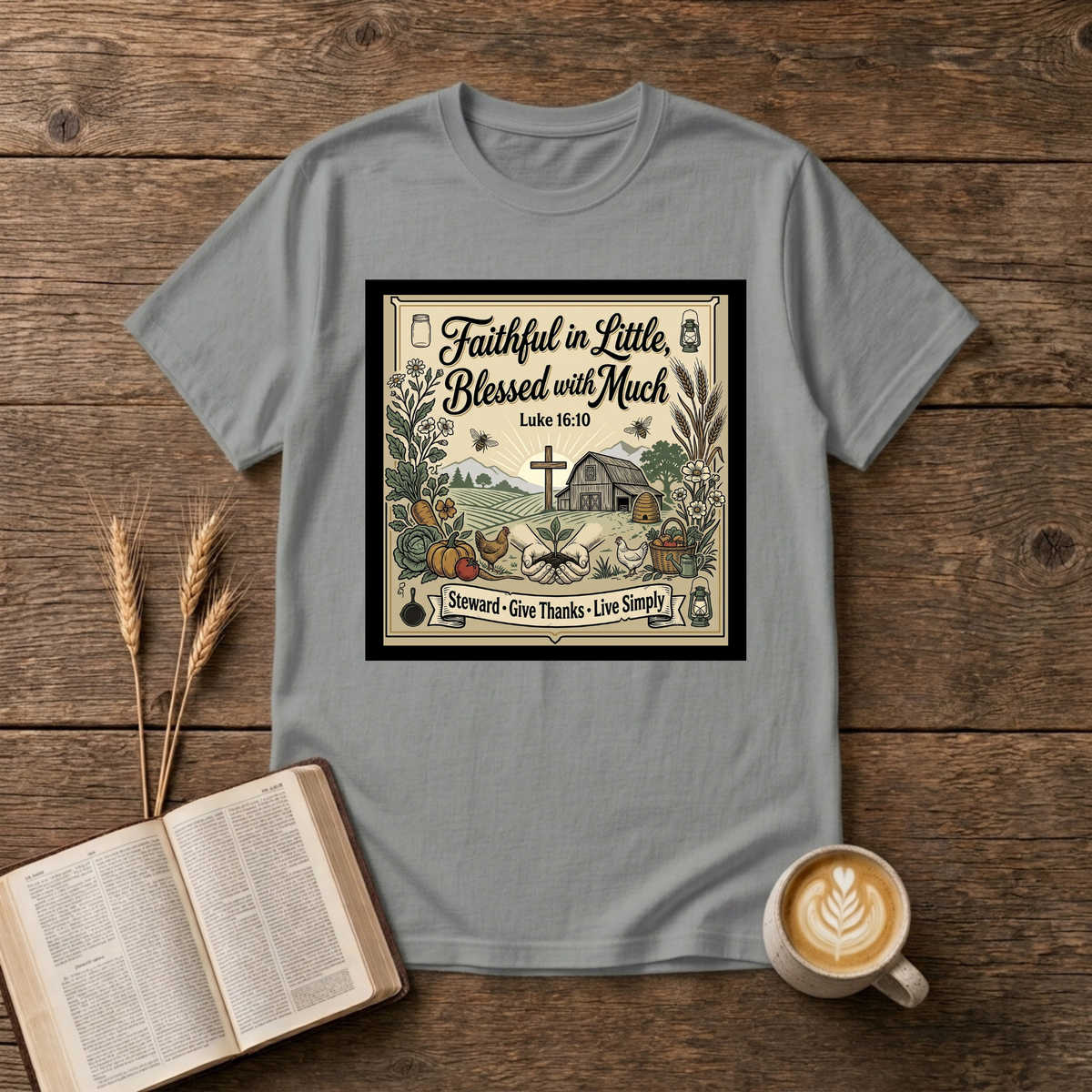 Faithful in Little Blessed with Much Luke 16:10 verse framed with a country chapel on a Sport Grey unisex T-Shirt
