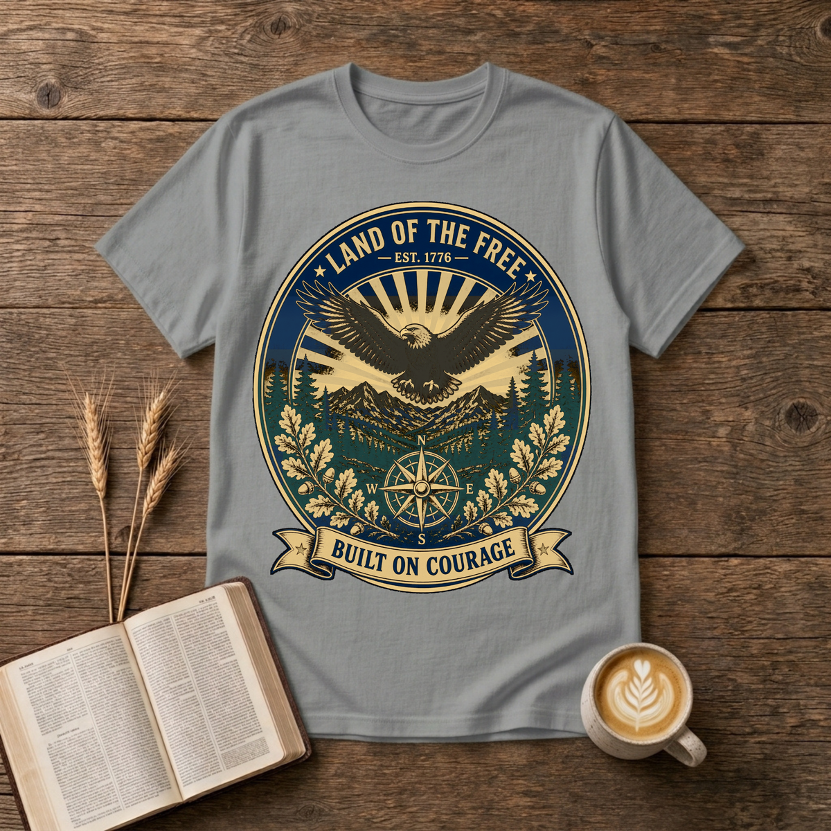 Vintage-style eagle emblem with Land of the Free and patriotic motifs on a Sport Grey unisex T-Shirt
