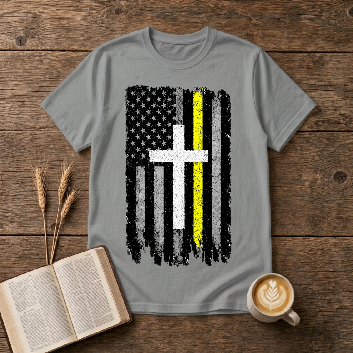 Distressed American flag with a vertical yellow line on a Sport Grey unisex T-Shirt