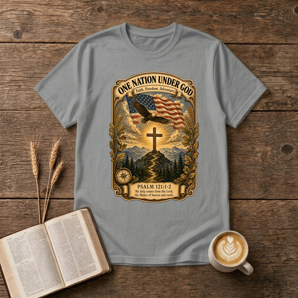 Waving flag, soaring eagle and simple cross over a misty landscape on a Sport Grey unisex T-Shirt