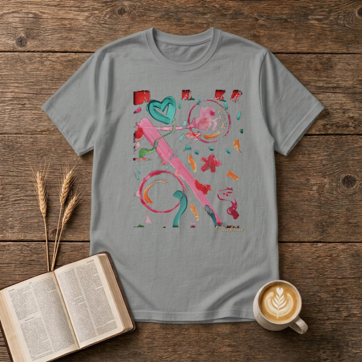Watercolor swirls with a hand-drawn heart and confetti strokes on a Sport Grey unisex T-Shirt