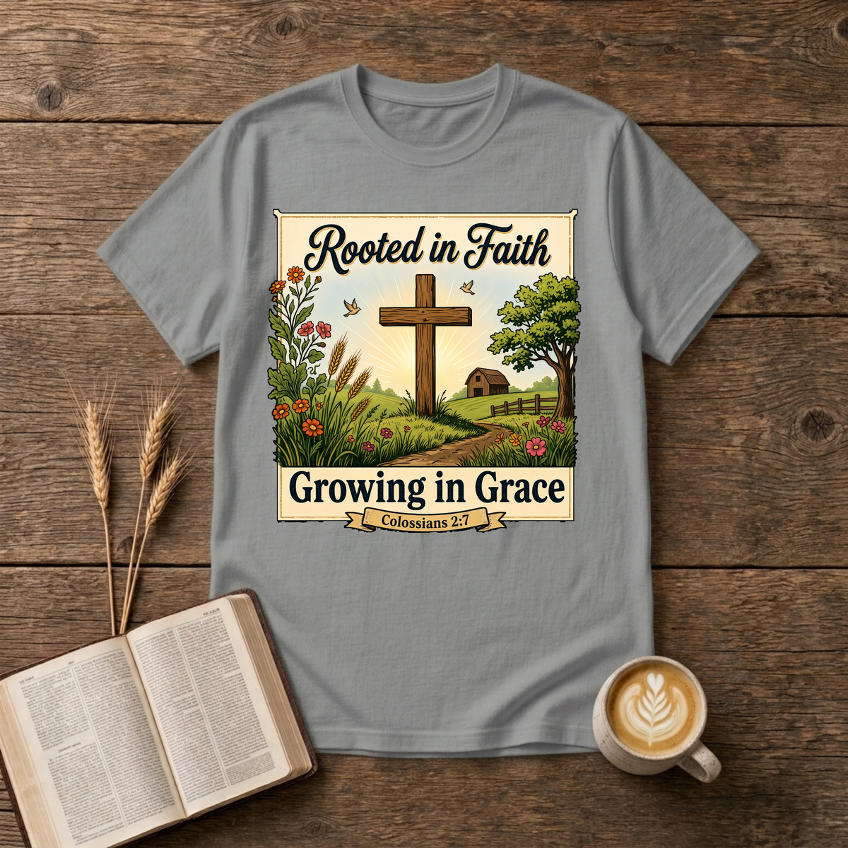 Rooted in Faith Growing in Grace design with a cross, grasses and small farmhouse on a Sport Grey unisex T-Shirt