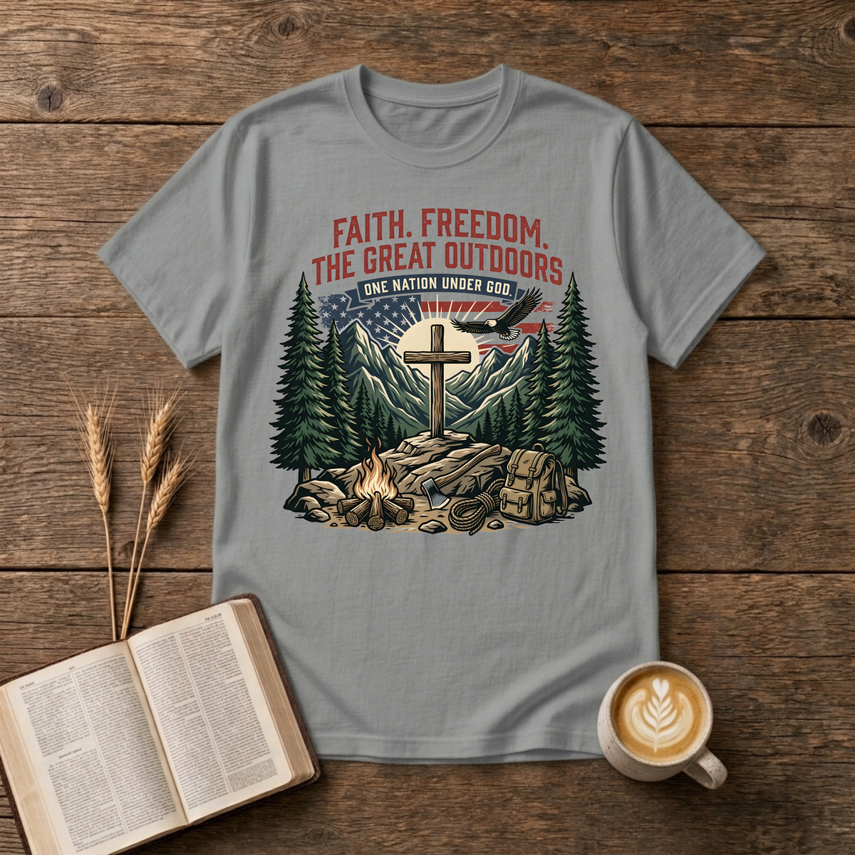 Wooden cross over a mountain at sunrise with pines, bald eagle and American flag on a Sport Grey unisex T-Shirt