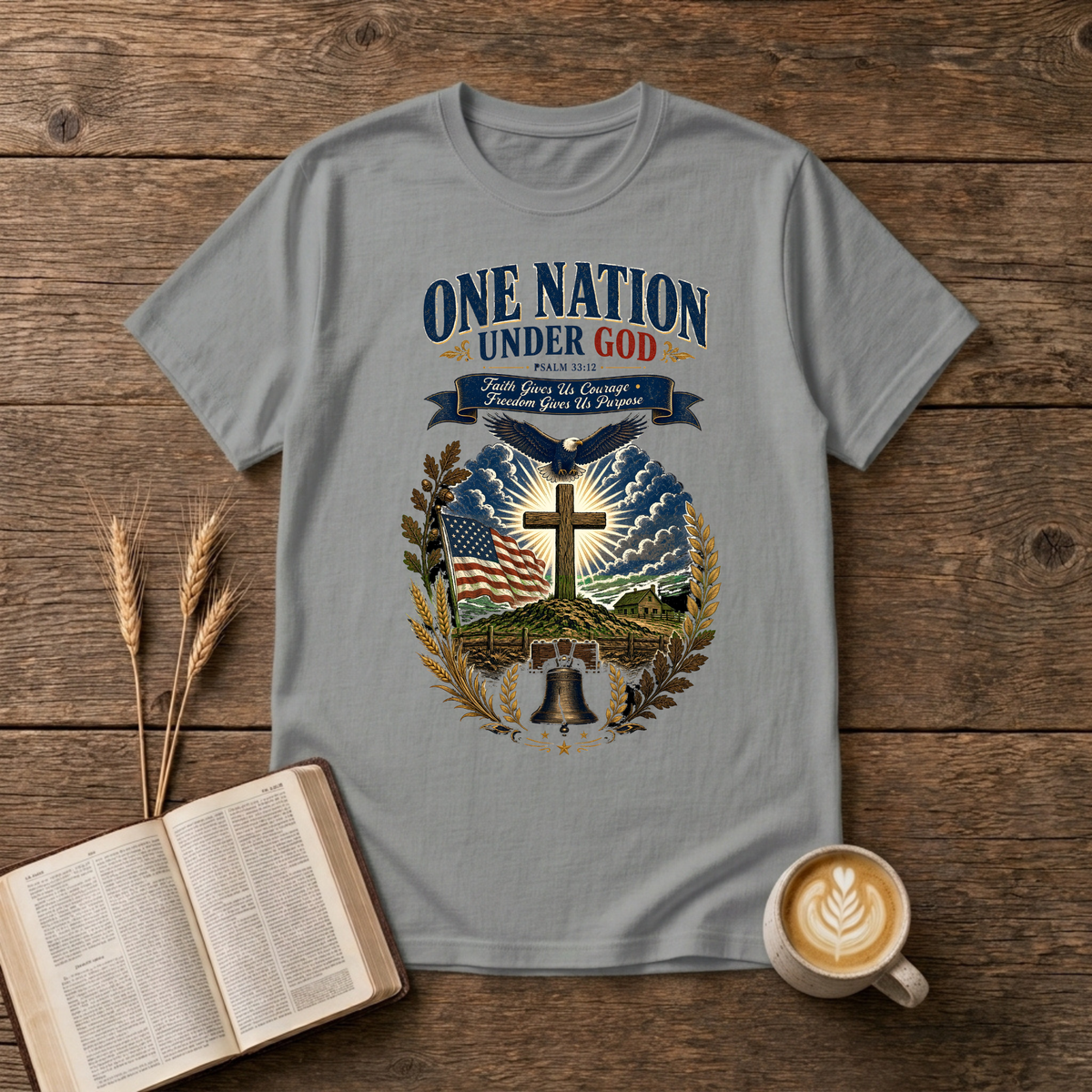 One Nation Under God design with eagle, cross and laurel wreath on a Sport Grey unisex T-Shirt