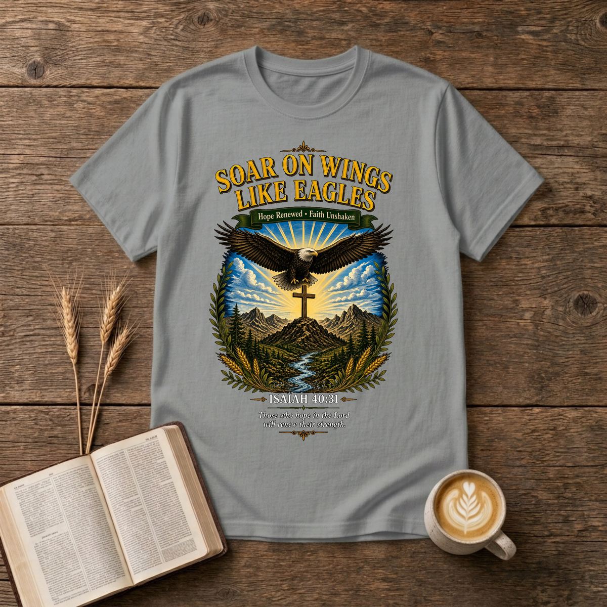 Vintage-style eagle artwork with Soar on Wings Like Eagles on a Sport Grey unisex T-Shirt