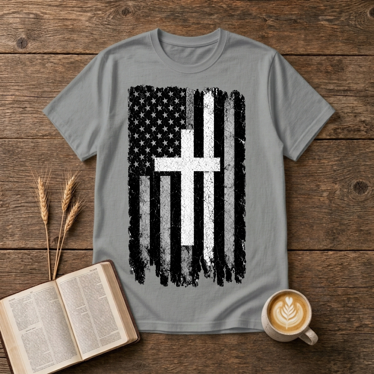 Vintage distressed stars-and-stripes flag with a thin white line on a Sport Grey unisex T-Shirt