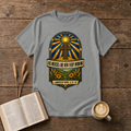 Emblem with sunbeams above a winding path, florals and His mercies banner on a Sport Grey unisex T-Shirt