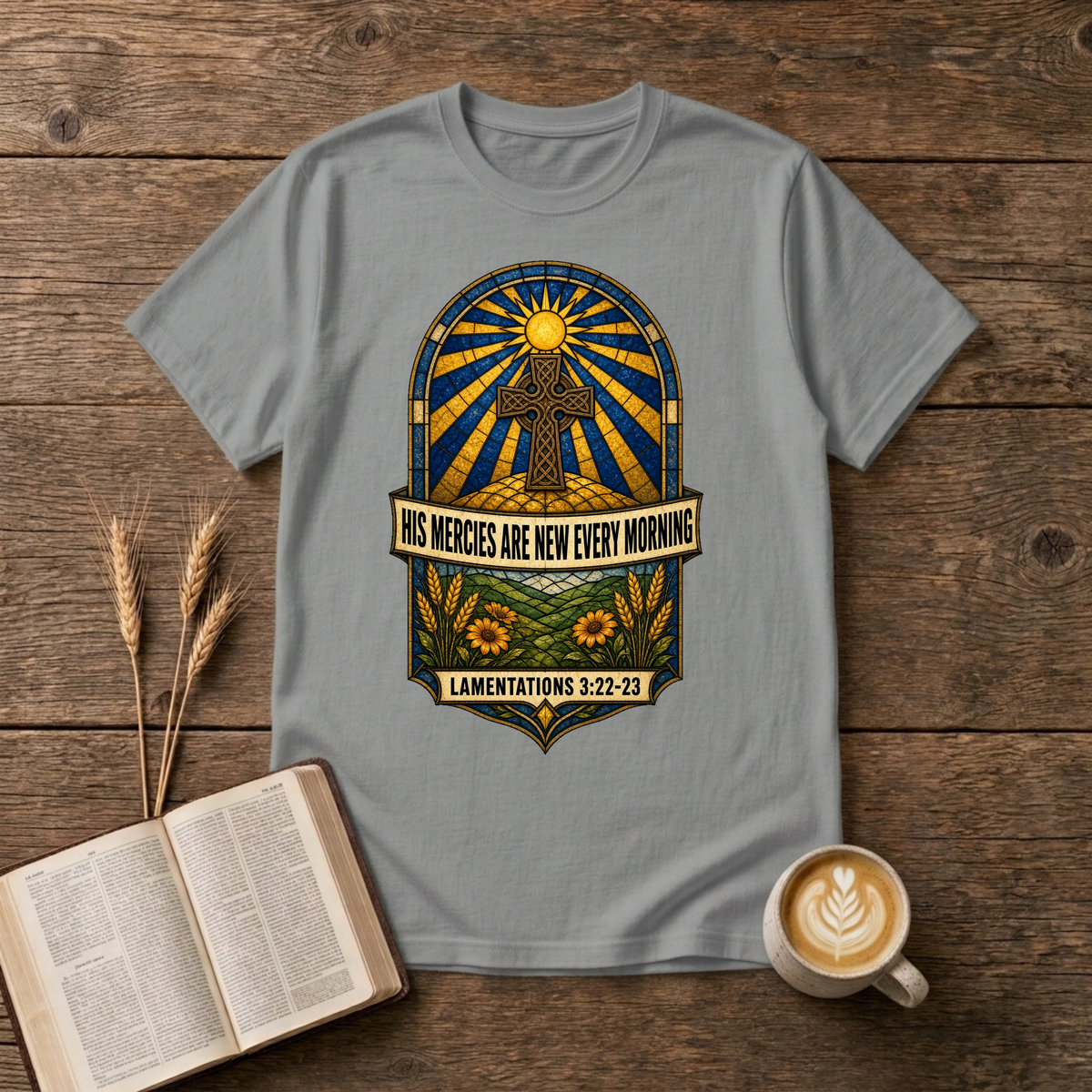 Emblem with sunbeams above a winding path, florals and His mercies banner on a Sport Grey unisex T-Shirt