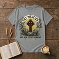 Celtic-style cross framed by florals and warm rays with His mercies are new every morning on a Sport Grey unisex T-Shirt