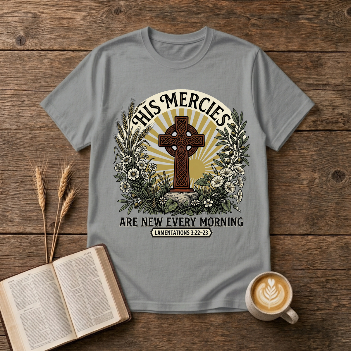 Celtic-style cross framed by florals and warm rays with His mercies are new every morning on a Sport Grey unisex T-Shirt