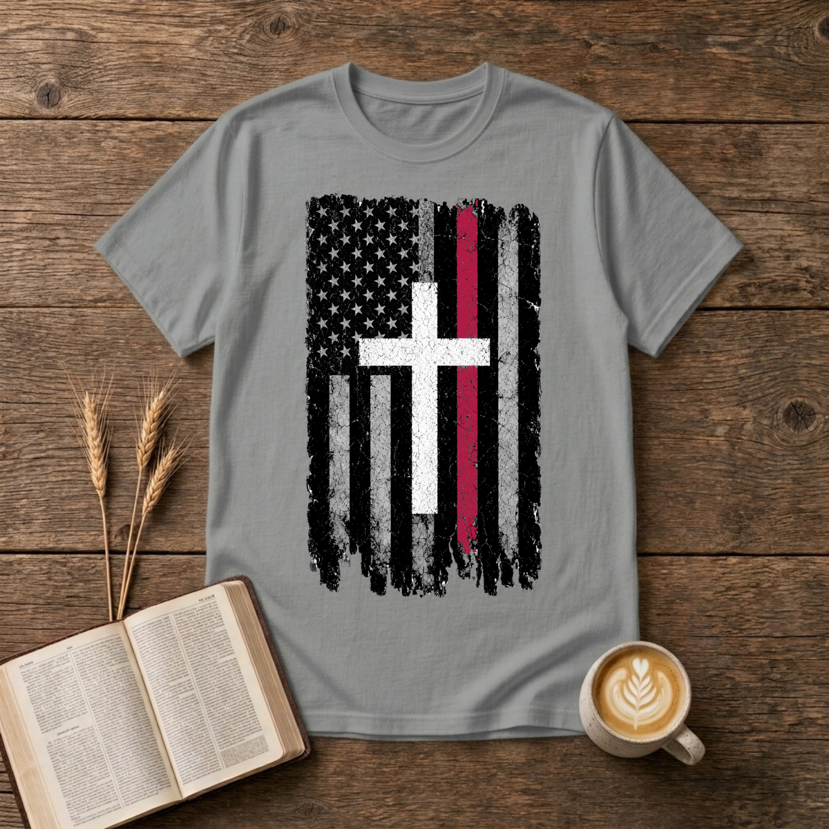 Grayscale American flag with a thin red stripe and cross motif on a Sport Grey unisex T-Shirt