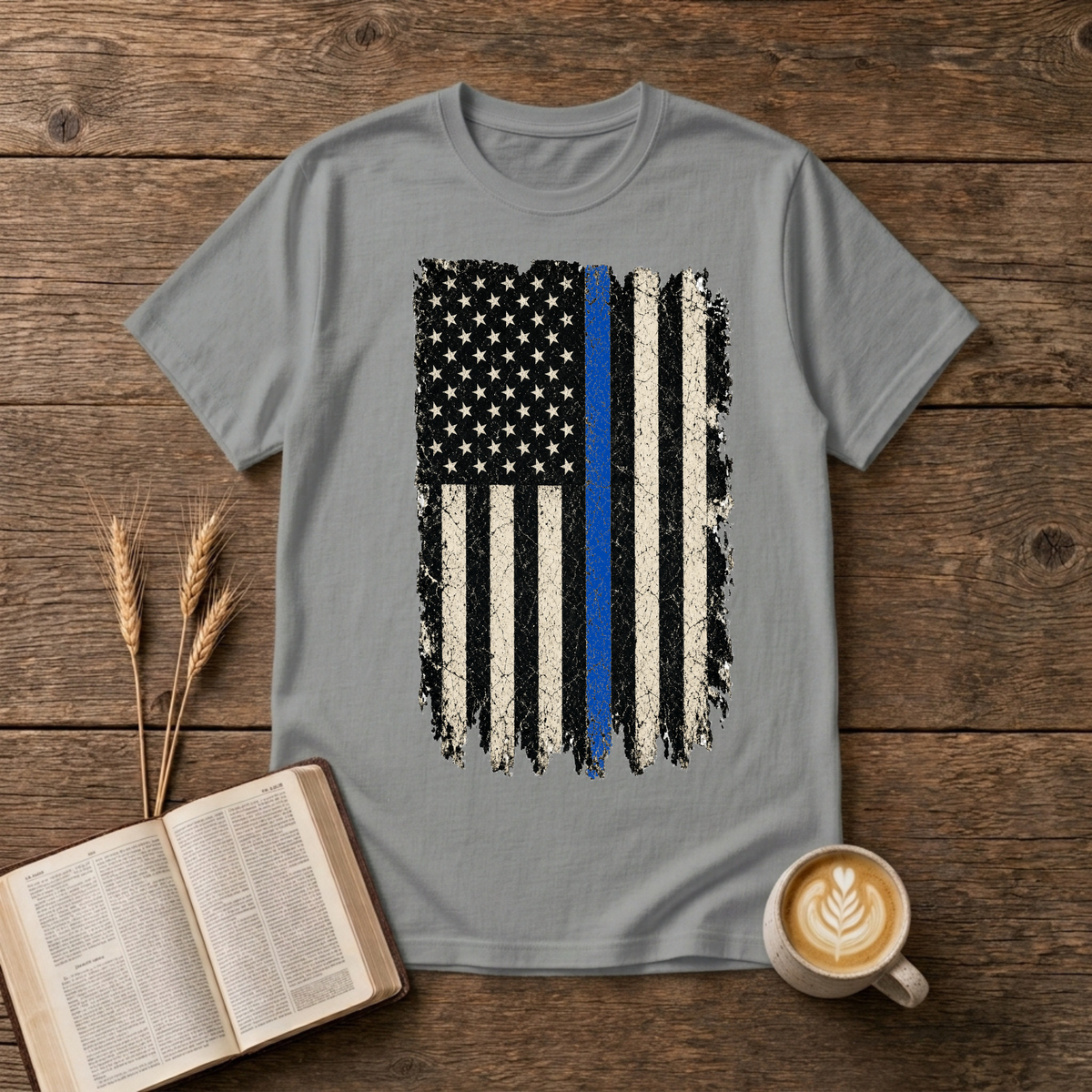 Distressed black and white American flag with a thin blue line on a Sport Grey unisex T-Shirt
