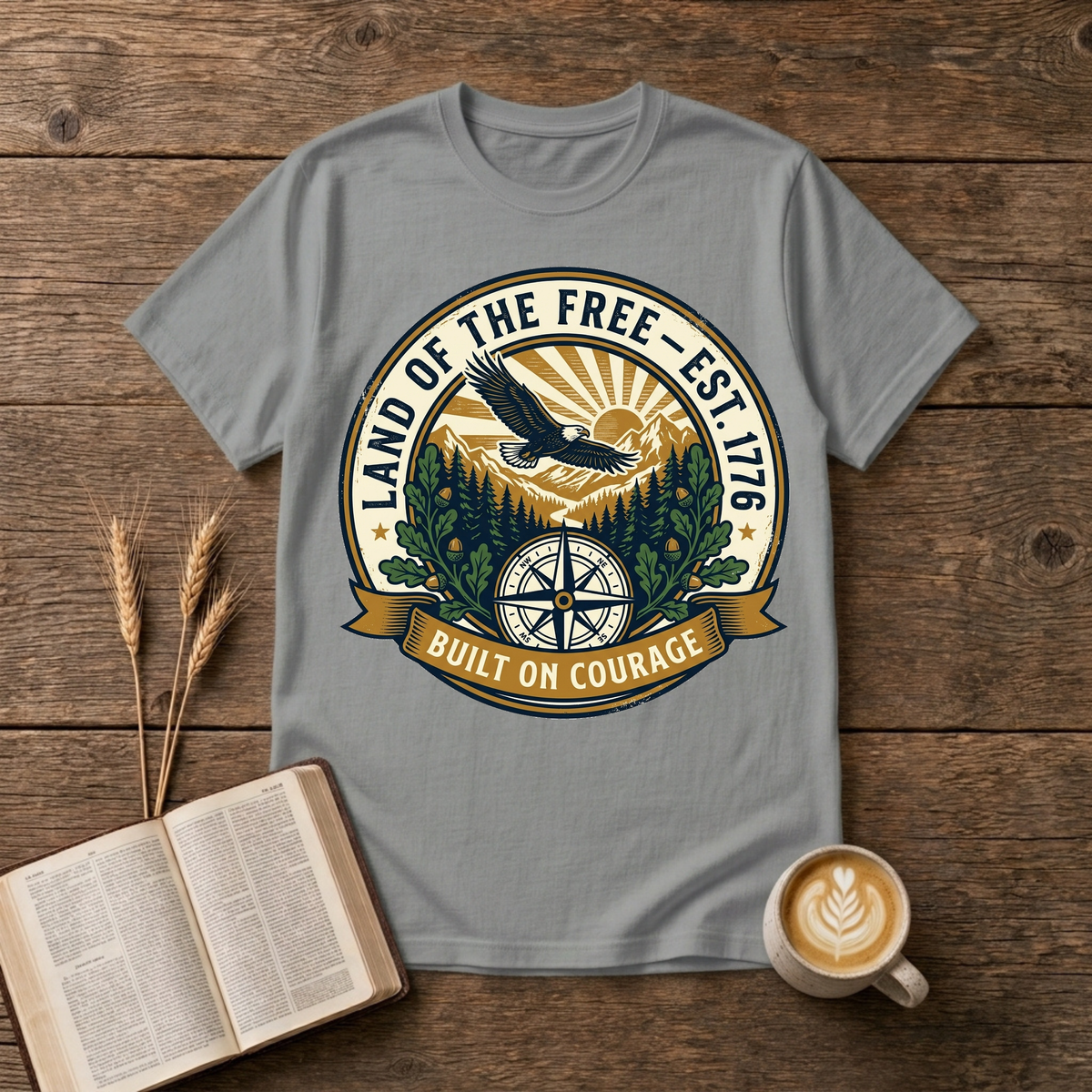 Faded emblem of an eagle gliding above pine silhouettes with a sunrise compass on a Sport Grey unisex T-Shirt