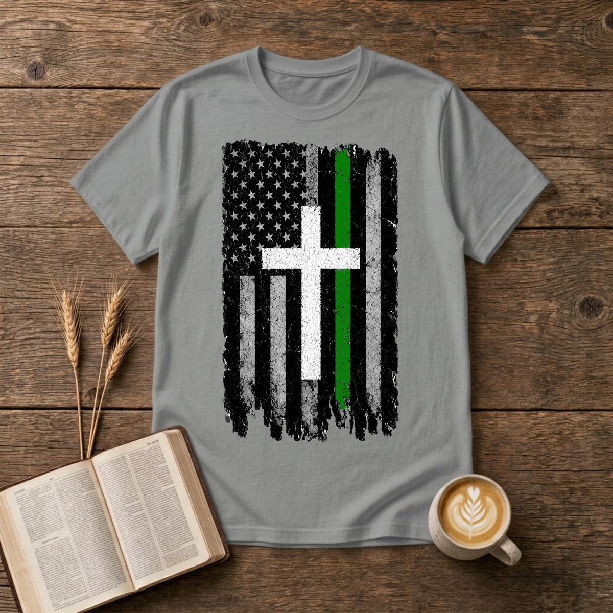 Distressed American flag fused with a cross and green line on a Sport Grey unisex T-Shirt