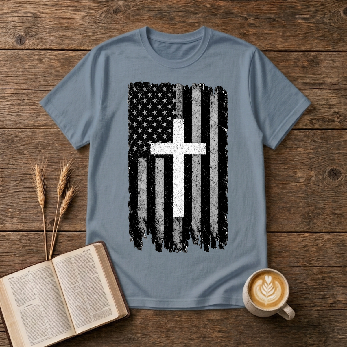 Distressed American flag with white cross on a Stone Blue t-shirt