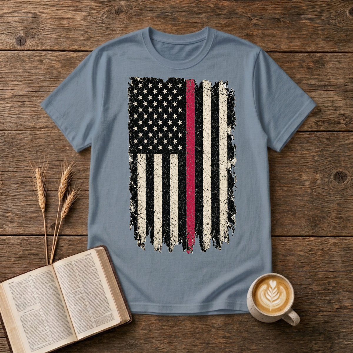 Weathered American flag with a thin red line on a Stone Blue unisex T-Shirt