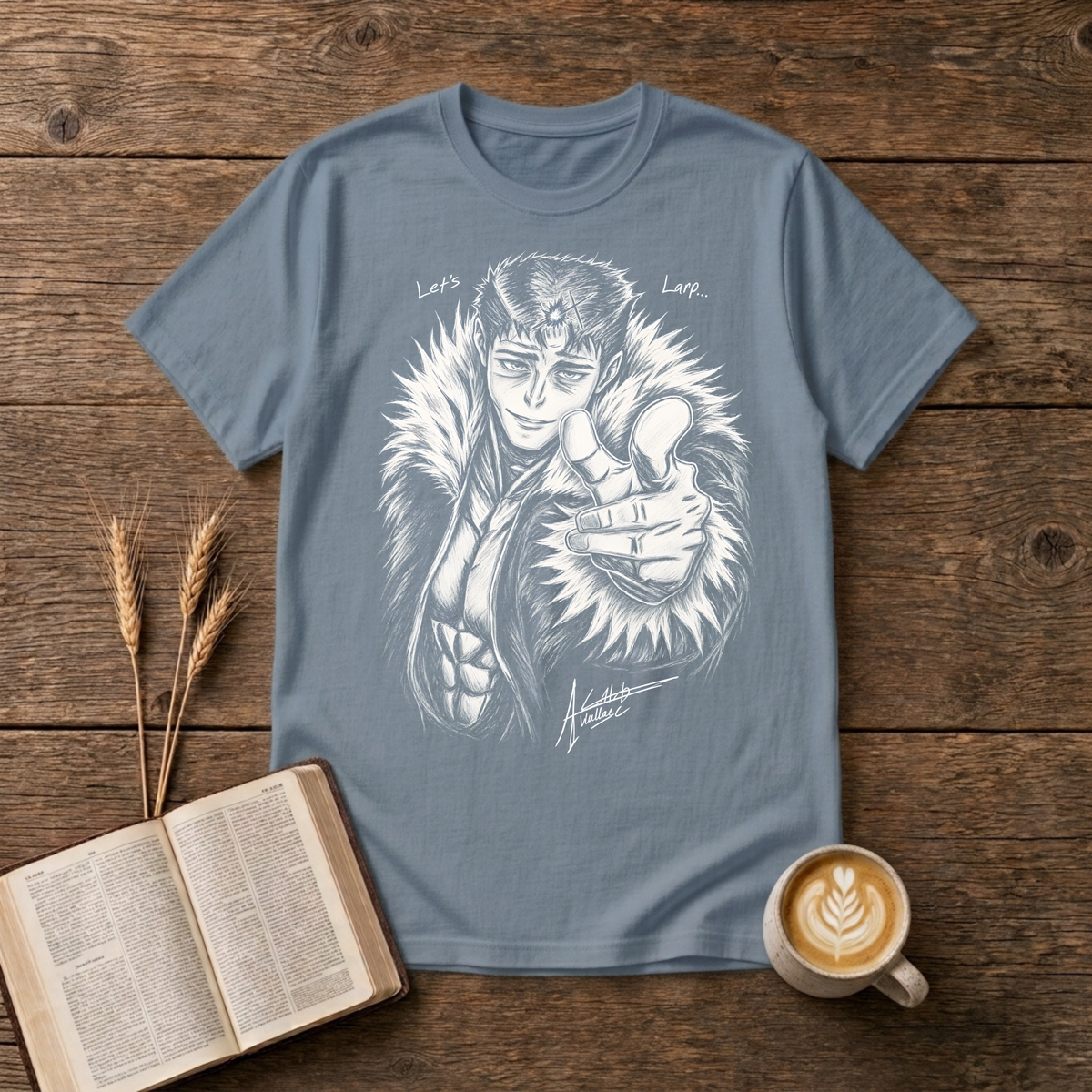 Monochrome anime character in a fur collar reaching out, Let's Larp on a Stone Blue unisex T-Shirt