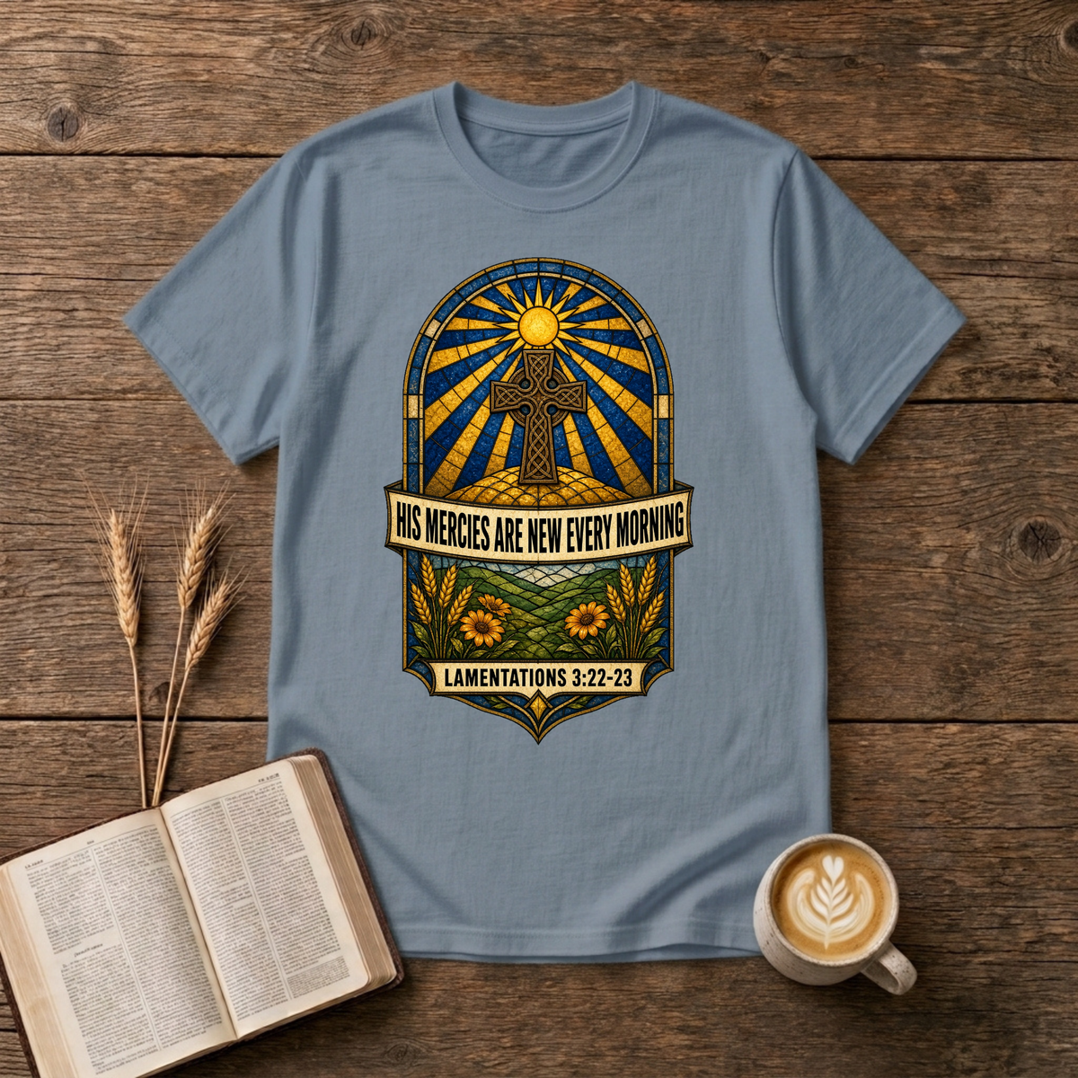 Emblem with sunbeams above a winding path, florals and His mercies banner on a Stone Blue unisex T-Shirt