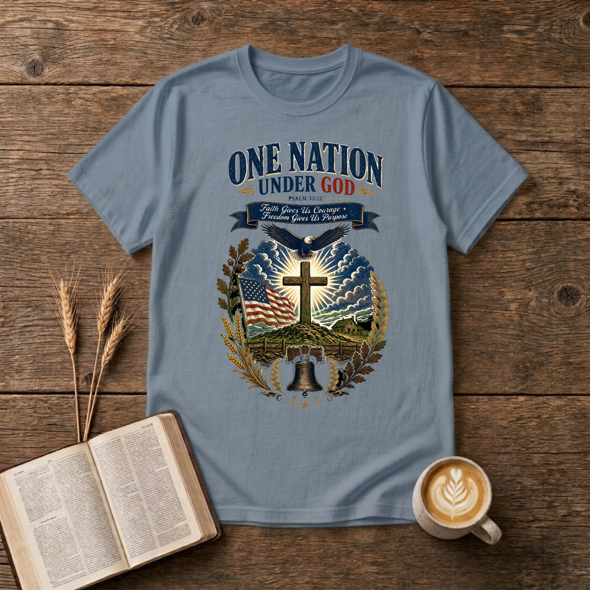 One Nation Under God design with eagle, cross and laurel wreath on a Stone Blue unisex T-Shirt