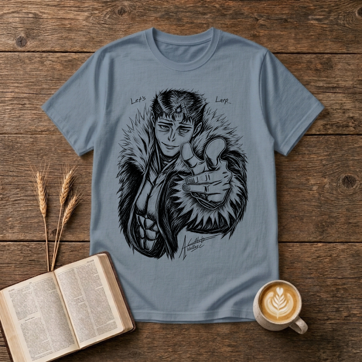 Monochrome anime character in a fur collar reaching out, Let's Larp on a Stone Blue unisex T-Shirt