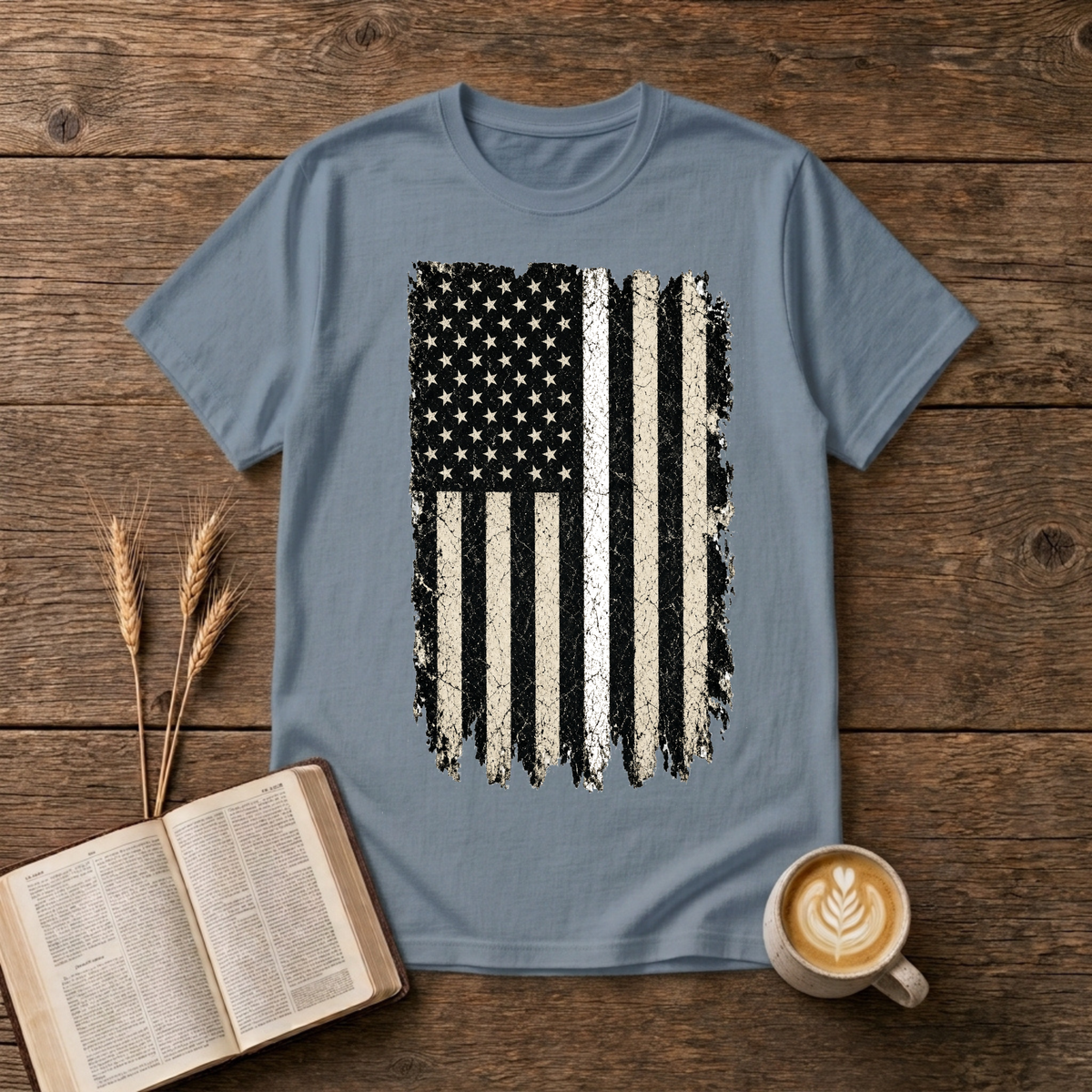 Weathered American flag with a thin white line on a Stone Blue unisex T-Shirt