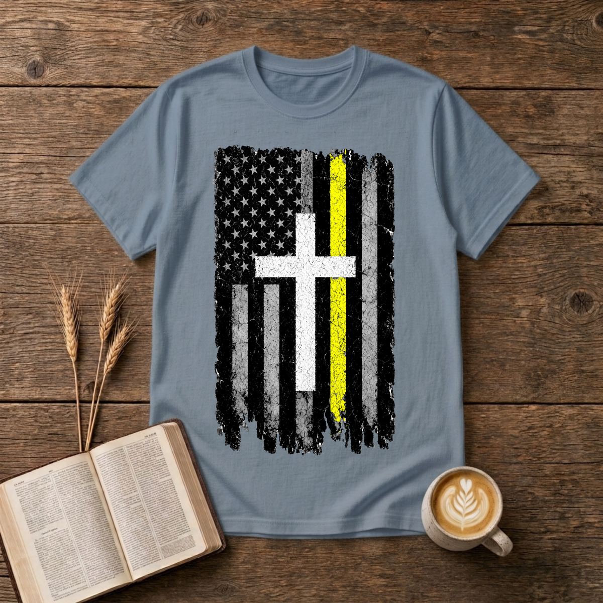 Distressed American flag with a vertical yellow line on a Stone Blue unisex T-Shirt