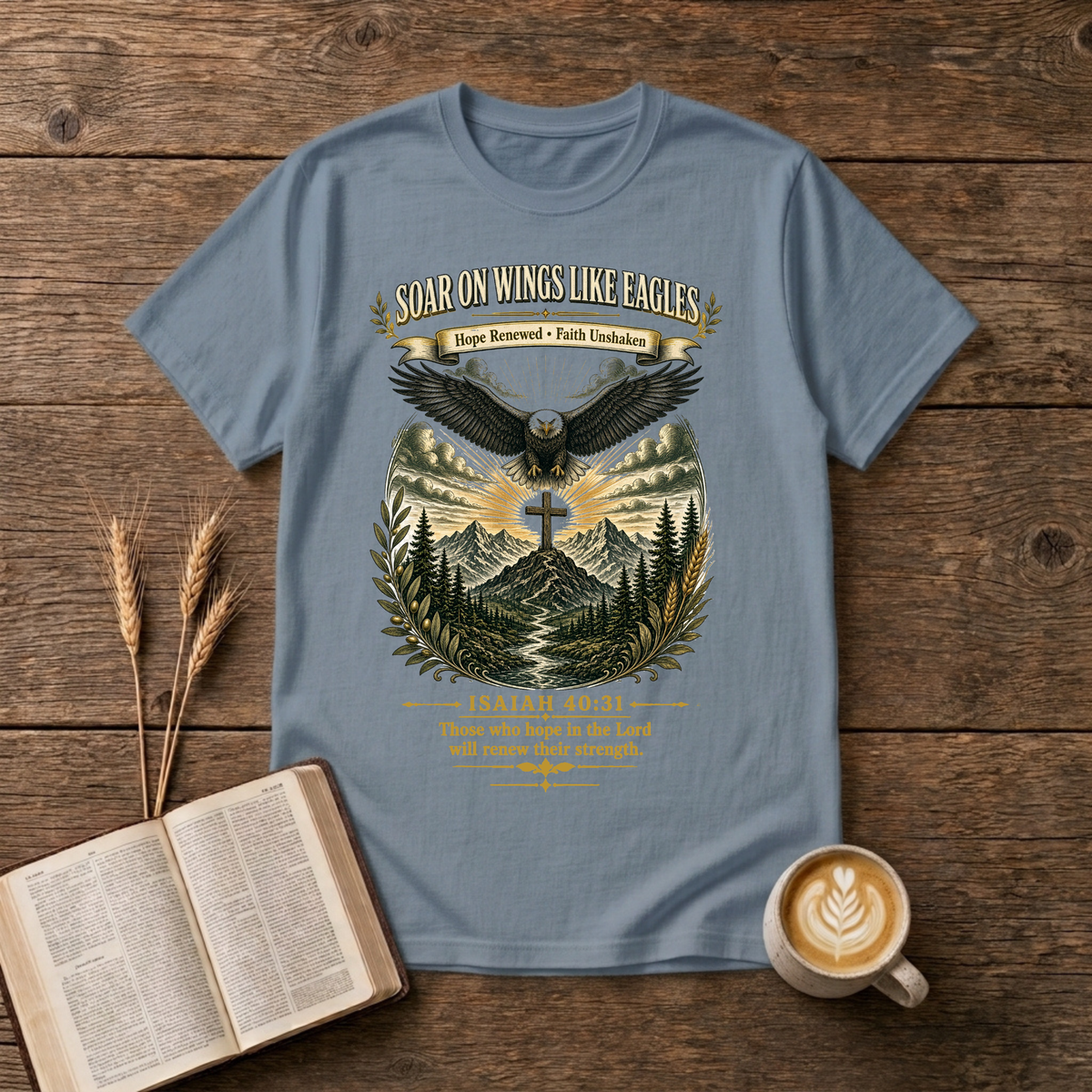 Eagle in mid-flight over a cross at sunrise and a forest on a Stone Blue unisex T-Shirt