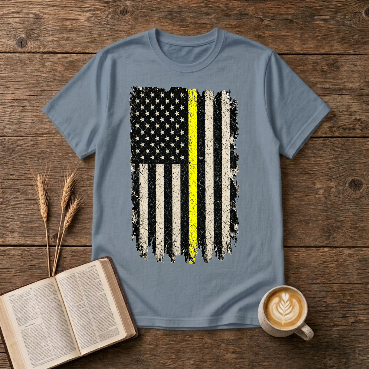 Vintage distressed American flag with a single yellow stripe on a Stone Blue unisex T-Shirt