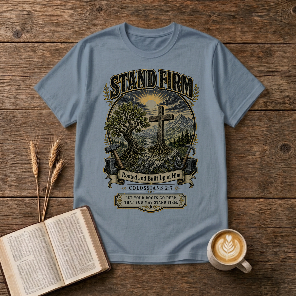 Stand Firm pastoral scene with a cross on a hill, oak trees and rising sun on a Stone Blue unisex T-Shirt