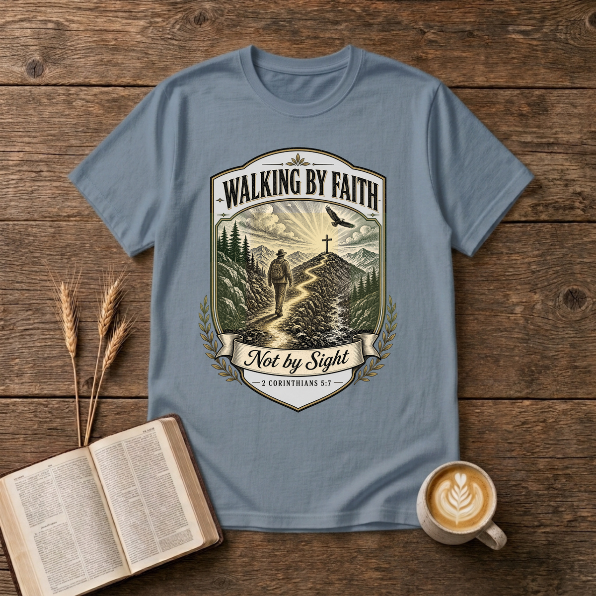 Walking By Faith Not by Sight Christian graphic on a Stone Blue unisex T-Shirt