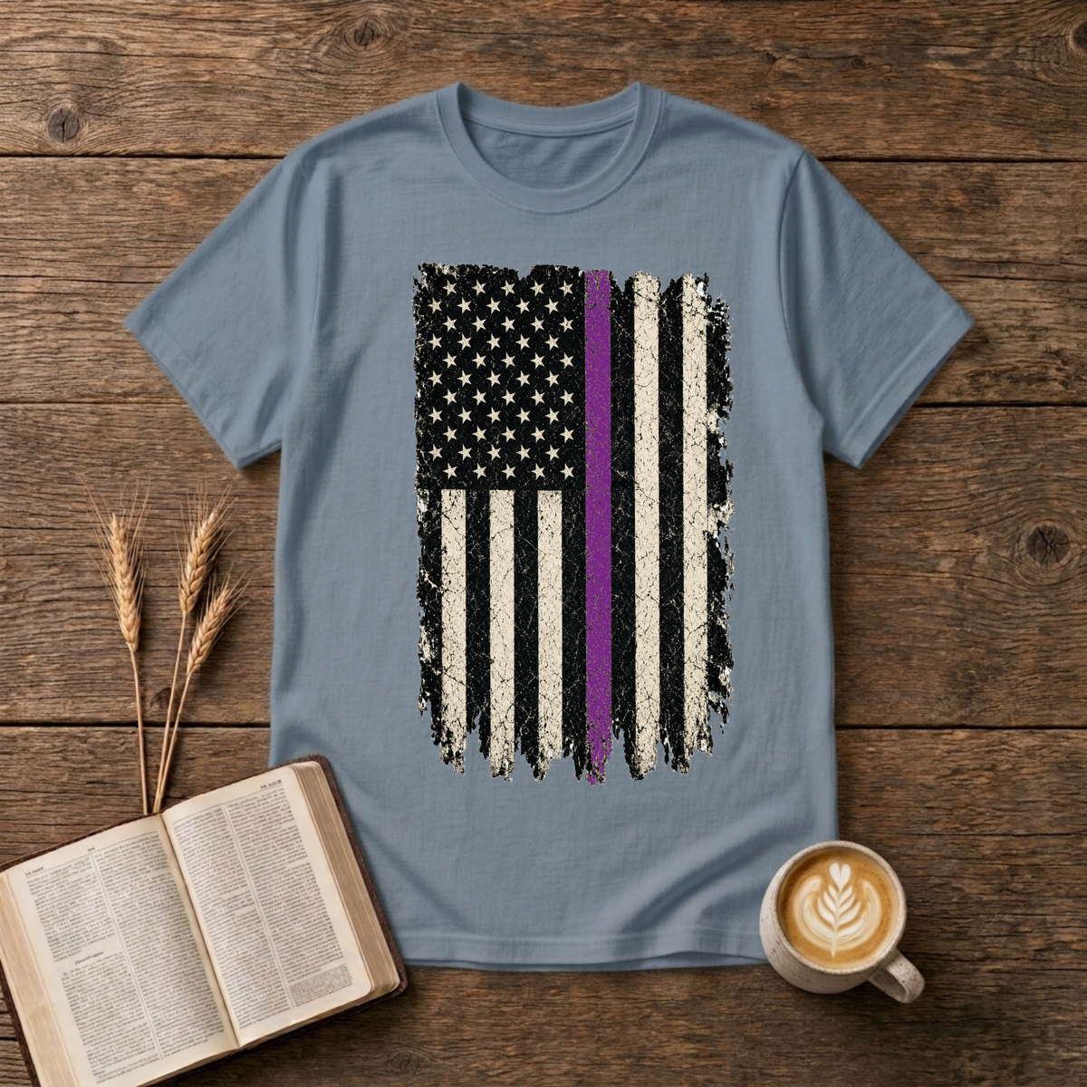 Distressed black and white American flag with a thin purple line on a Stone Blue unisex T-Shirt