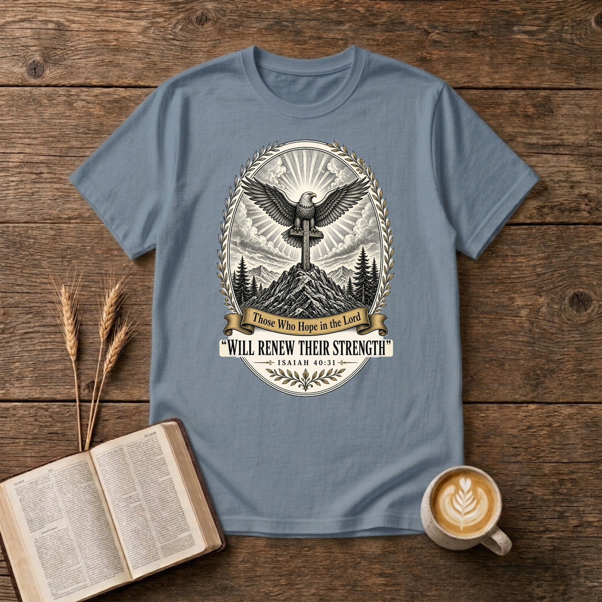 Grayscale eagle emblem with outstretched wings above a mountain landscape on a Stone Blue unisex T-Shirt