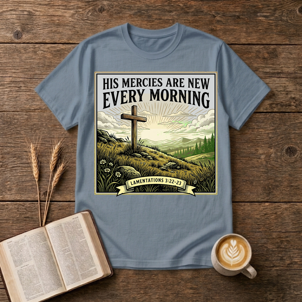 Grayscale cross on a rocky rise with His mercies are new every morning on a Stone Blue unisex T-Shirt