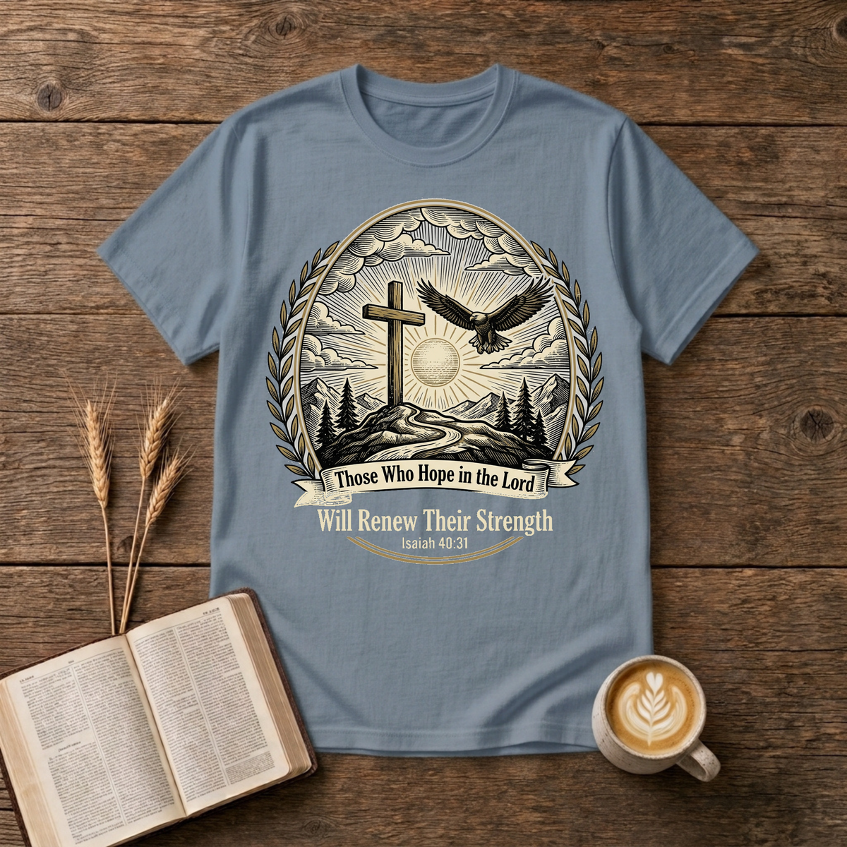 Those Who Hope in the Lord cross and eagle design, Isaiah 40:31 on a Stone Blue unisex T-Shirt