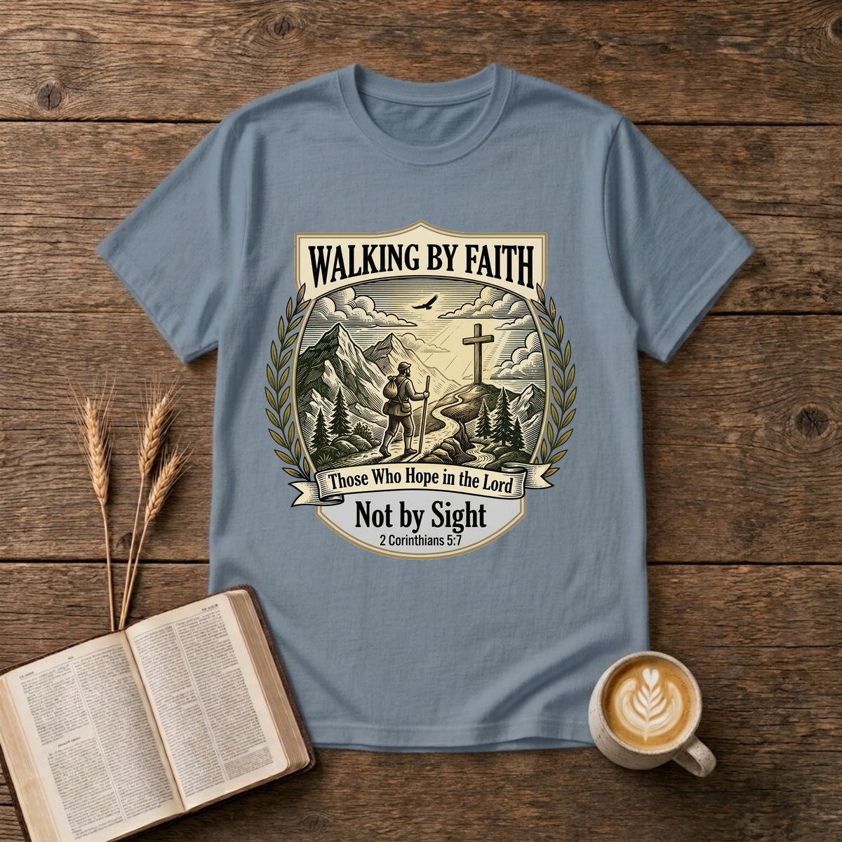 Walking by Faith grayscale scene with mountains, lone walker and cross on a hill on a Stone Blue unisex T-Shirt