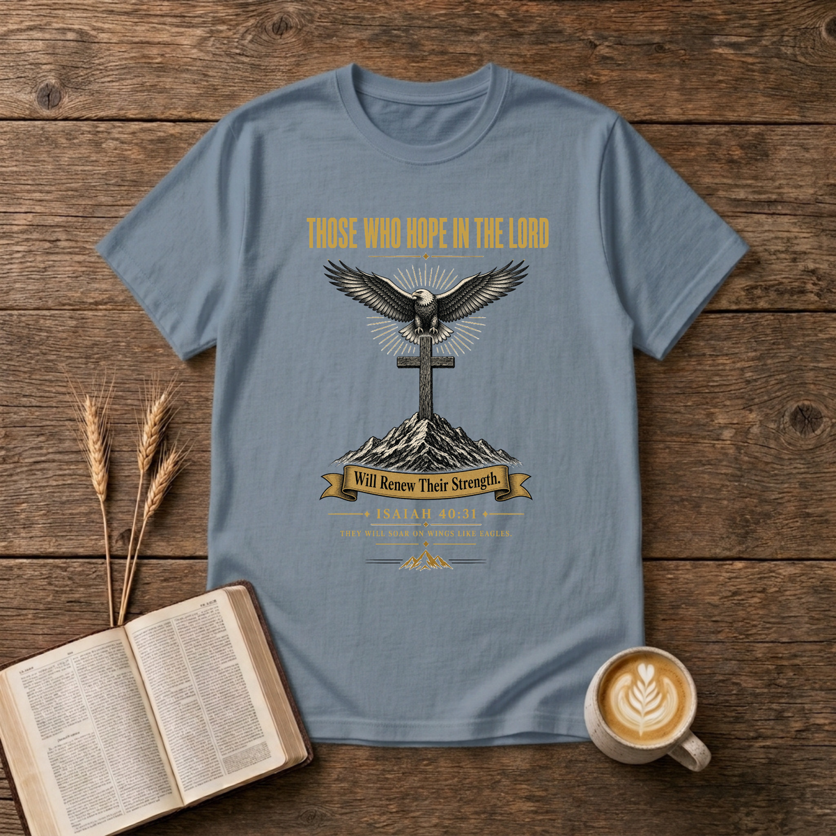 Bald eagle with open wings above a simple cross and mountains with Those Who Hope in the Lord on a Stone Blue unisex T-Shirt