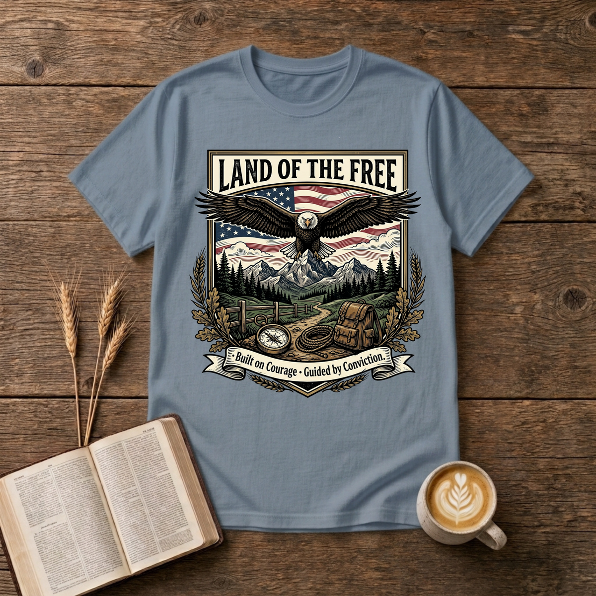 Monochrome eagle soaring above mountains and pines with a Land of the Free banner on a Stone Blue unisex T-Shirt